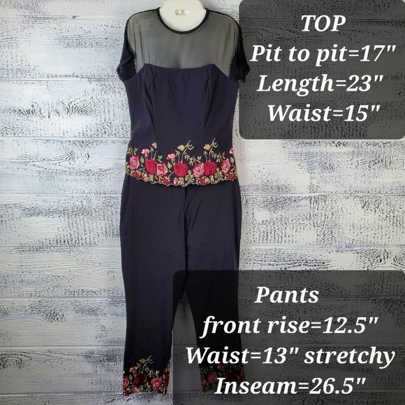 Joseph Ribkoff Embroidered Floral Trim Mesh Linen Blend Top Cropped Bottom Pants - Picture 9 of 12